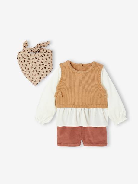 Ensemble 3 pièces bébé pull 2 en 1 + short + foulard terracotta - vertbaudet enfant 