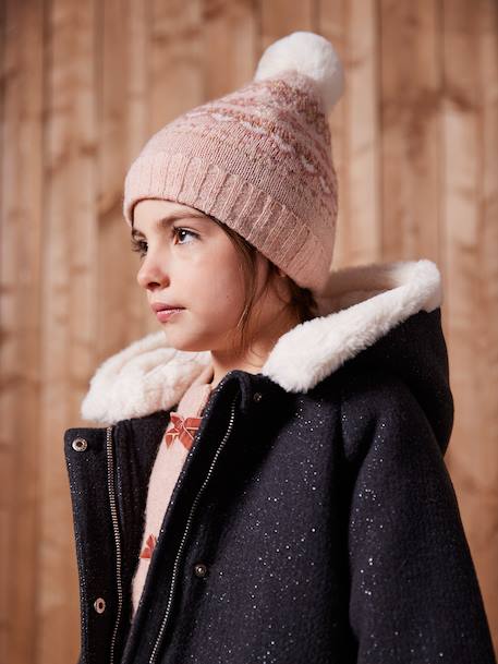 Ensemble jacquard fille bonnet + snood + moufles/gants écru+rose - vertbaudet enfant 