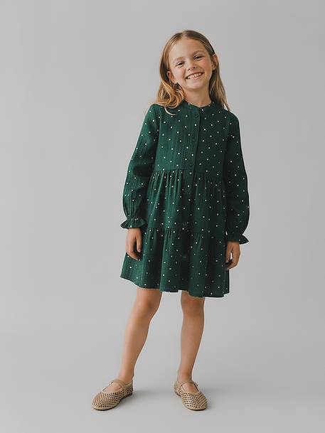 Robe fille en gaze de coton imprimée pois irisés prune+vert sapin+vert sauge - vertbaudet enfant 