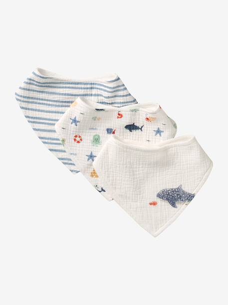 Set met 3 slabbetjes van katoengaas beige, bedrukt+ecru+grijsblauw+lichtroze+saliegroen+set groene panda+set vos+touw+veel beige+WIT - vertbaudet enfant 
