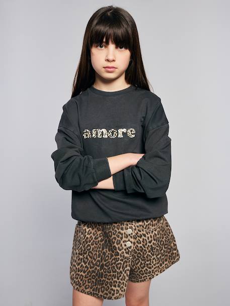 Sweat fille oversize inscription léopard anthracite - vertbaudet enfant 