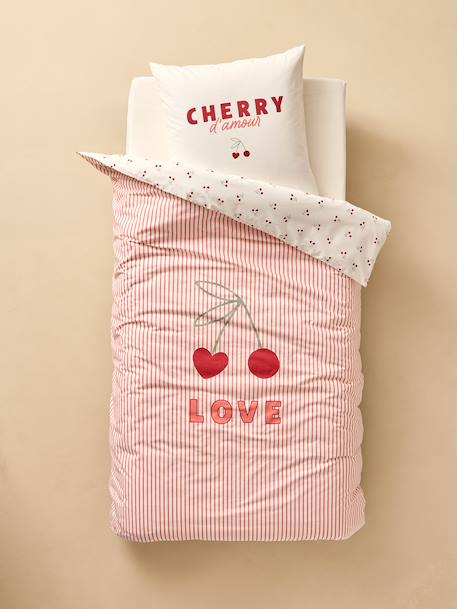 Bedovertrek en kussensloop CERISES RAYURES met gerecycled katoen rood, gestreept - vertbaudet enfant 