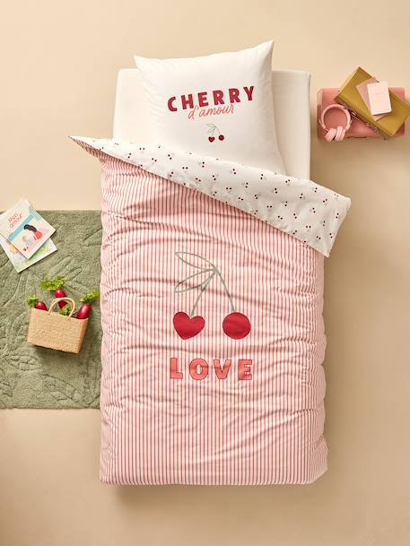 Parure housse de couette et taie d'oreiller CERISES RAYURES avec coton recyclé rayé rouge - vertbaudet enfant 