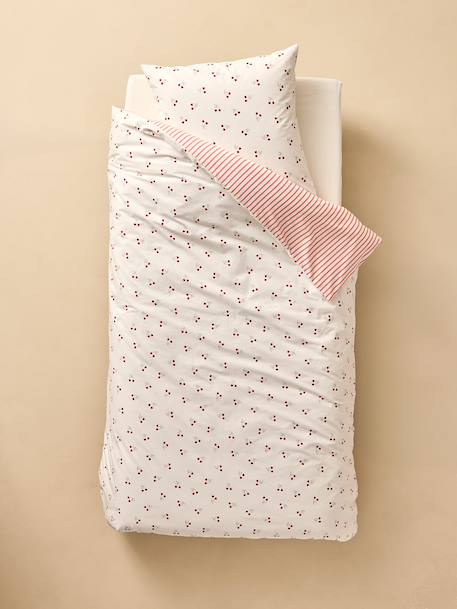 Parure housse de couette et taie d'oreiller CERISES RAYURES avec coton recyclé rayé rouge - vertbaudet enfant 