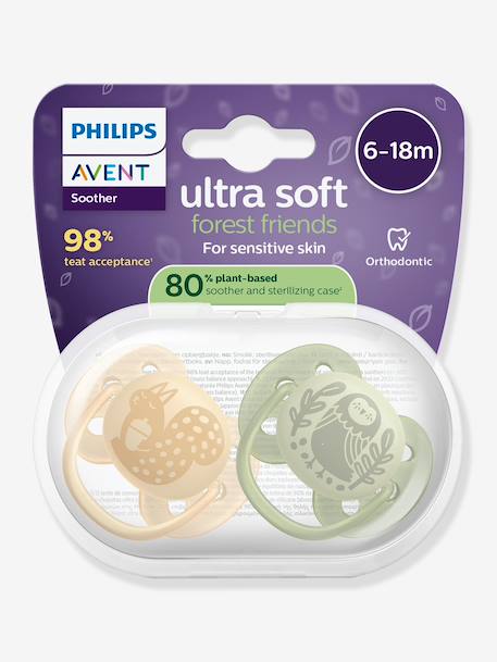 Set van 2 PHILIPS AVENT ultra soft lolly 6-18 maanden forest friends groen+groen, bedrukt - vertbaudet enfant 
