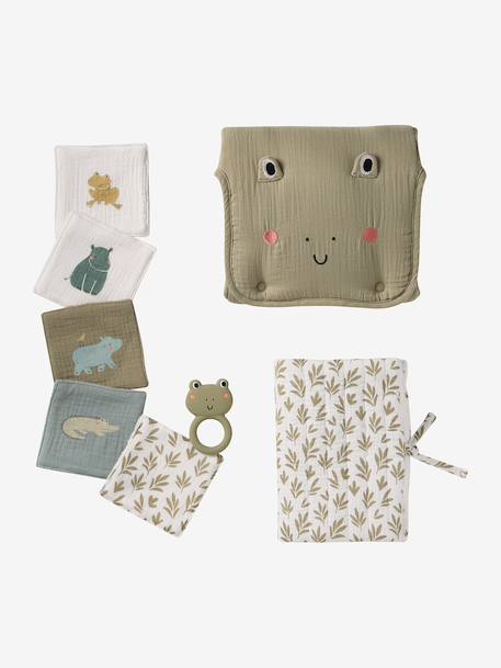 8-delige kraamcadeauset: 1 rammelaar, 1 aankleedkussen, 5 doekjes, 1 etui groen, bedrukt+okergeel+wit, bedrukt - vertbaudet enfant 