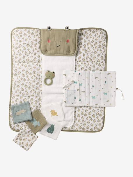 8-delige kraamcadeauset: 1 rammelaar, 1 aankleedkussen, 5 doekjes, 1 etui groen, bedrukt+okergeel+wit, bedrukt - vertbaudet enfant 