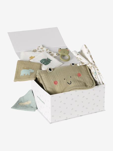 8-delige kraamcadeauset: 1 rammelaar, 1 aankleedkussen, 5 doekjes, 1 etui groen, bedrukt+okergeel+wit, bedrukt - vertbaudet enfant 