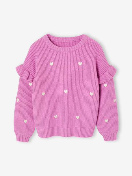 Pull fille brodé manches volantées écru+mauve+rouge - vertbaudet enfant 