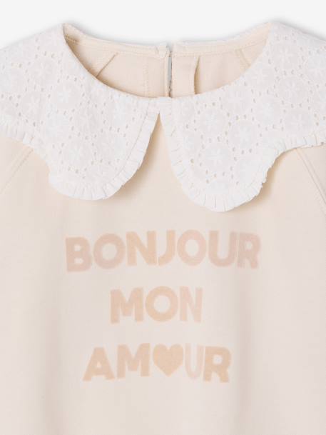 Sweat fille col claudine broderie anglaise écru+gris chiné+mauve+rose pâle+rouge - vertbaudet enfant 