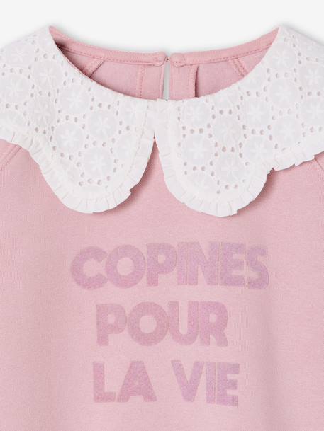 Sweat fille col brodé message flock velours écru+gris chiné+mauve+rose pâle+rouge - vertbaudet enfant 