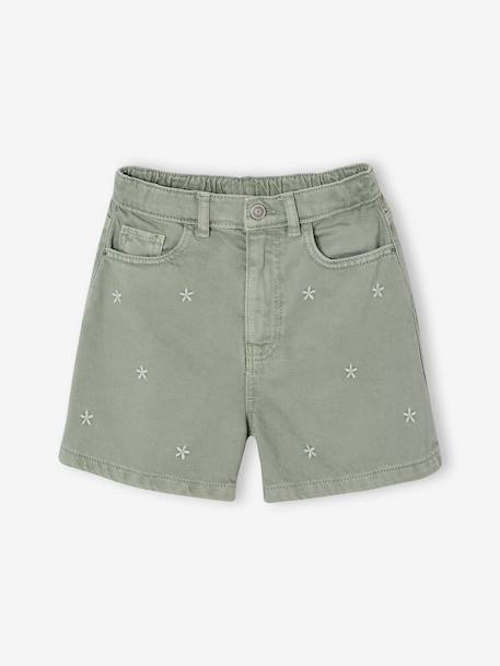 Geborduurde short voor meisjes middenblauw+rozen+saliegroen - vertbaudet enfant 