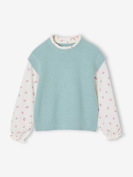 Pull 2 en 1 fille manches bleu grisé+rose - vertbaudet enfant 