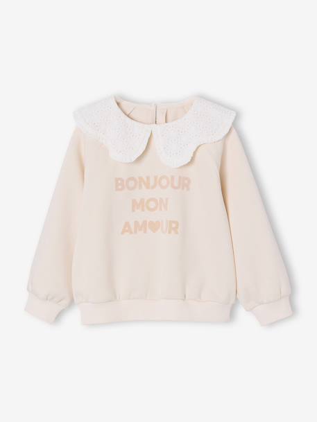 Sweater met kraag van Engels borduurwerk voor meisjes met flockprint en fluwelen boodschap ecru+gemêleerd grijs+lichtroze+rood+zachtpaars - vertbaudet enfant 
