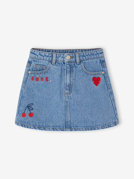 Jupe fille en jean avec broderie bleu moyen - vertbaudet enfant 