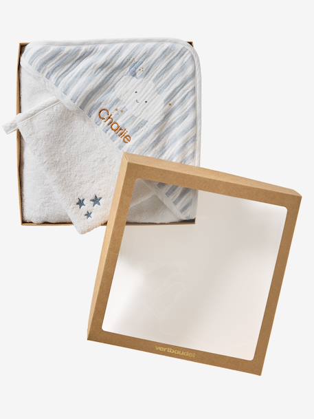 Cape de bain personnalisable + gant de toilette DANS LES NUAGES rayé bleu - vertbaudet enfant 