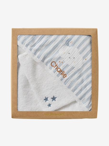Cape de bain personnalisable + gant de toilette DANS LES NUAGES rayé bleu - vertbaudet enfant 