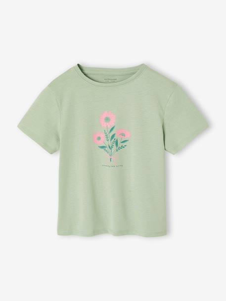 T-shirt voor meisjes met print en korte mouwen ecru+rozen+saliegroen - vertbaudet enfant 