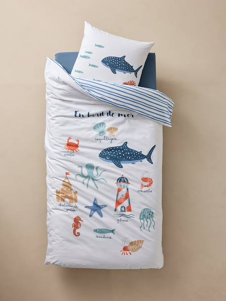 Parure housse de couette et taie d'oreiller enfant EN BORD DE MER blanc imprimé - vertbaudet enfant 