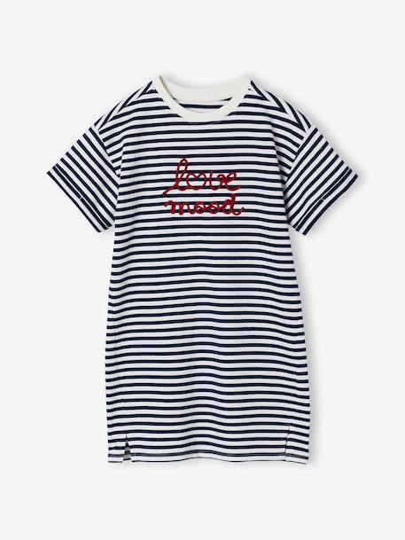 Robe fille en molleton léger motif gris chiné+rayé bleu+vert+vert sauge - vertbaudet enfant 