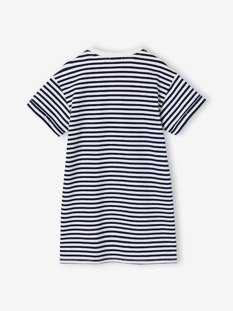 Meisjesjurk in lichte fleece met aangebracht motief blauw, gestreept+gemêleerd grijs+groen+saliegroen - vertbaudet enfant 