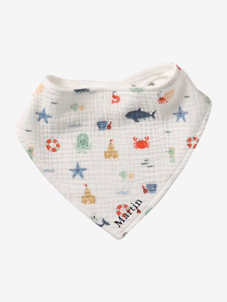 Set met 3 slabbetjes van katoengaas beige, bedrukt+ecru+grijsblauw+lichtroze+saliegroen+set groene panda+set vos+touw+veel beige+WIT - vertbaudet enfant 
