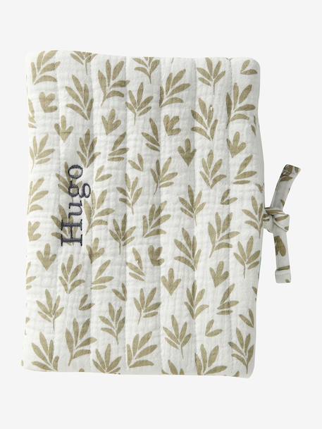Coffret cadeau naissance 8 pièces : 1 hochet, 1 tapis à langer nomade, 5 lingettes, 1 pochette blanc imprimé+ocre+vert imprimé - vertbaudet enfant 
