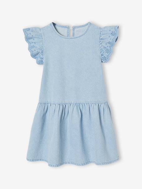 Robe fille denim manches courtes brodées double stone - vertbaudet enfant 