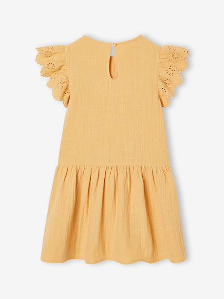 Robe fille gaze de coton manches courtes brodées corail+jaune - vertbaudet enfant 