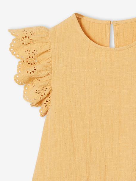 Robe fille gaze de coton manches courtes brodées corail+jaune - vertbaudet enfant 