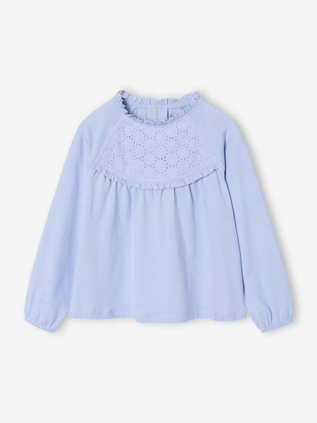 Shirt van Engels borduurwerk voor meisjes bleekblauw+donkergroen+ecru+marineblauw+zachtpaars - vertbaudet enfant 