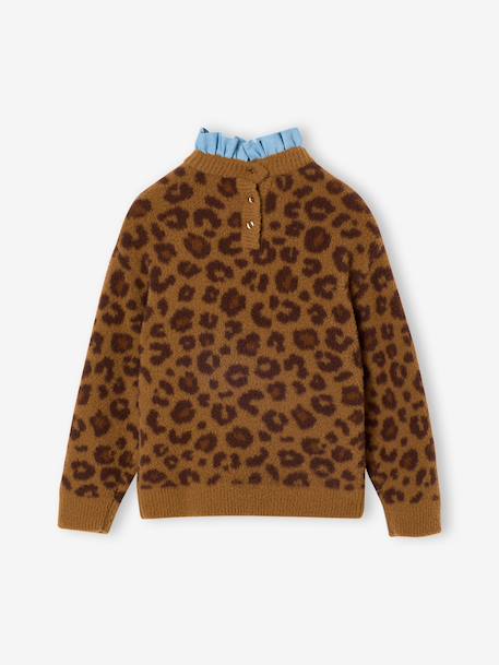 Trui voor meisjes capsulecollectie familie Luipaard kraag in chambray bruin - vertbaudet enfant 