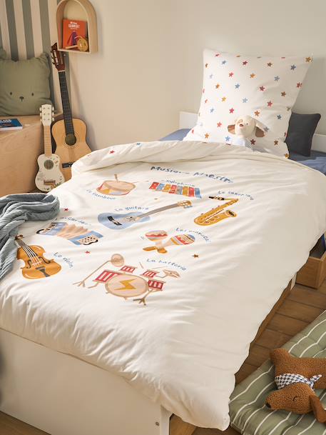 Bedset dekbedovertrek + kussensloop voor kinderen MUSIQUE LEXIQUE met gerecycled katoen wit, bedrukt - vertbaudet enfant 