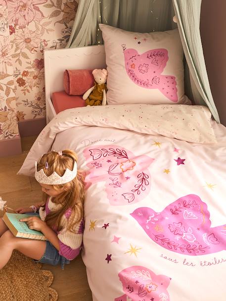 Bedovertrek + omkeerbare kussensloop voor kinderen BIRDY, met gerecycled katoen roze (poederkleur) - vertbaudet enfant 