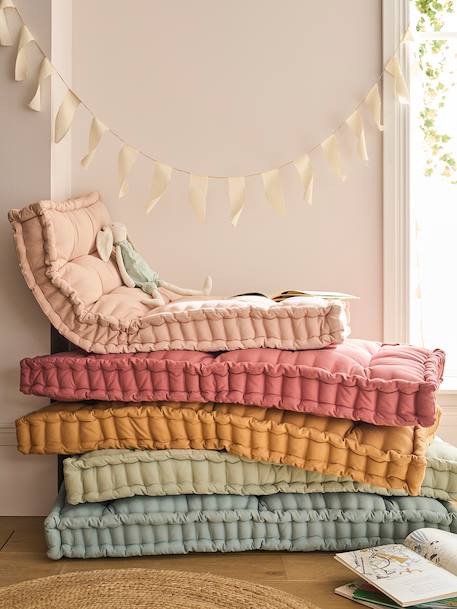 Matras in futon-stijl grijsblauw+kaneel+roze (poederkleur)+rozen+saliegroen - vertbaudet enfant 