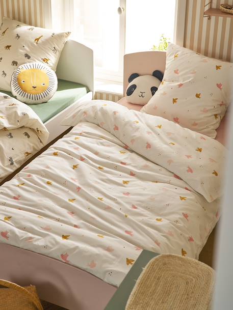 Parure housse de couette et taie d'oreiller HIRONDELLES, avec coton recyclé blanc imprimé - vertbaudet enfant 
