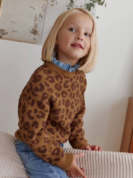 Trui voor meisjes capsulecollectie familie Luipaard kraag in chambray bruin - vertbaudet enfant 