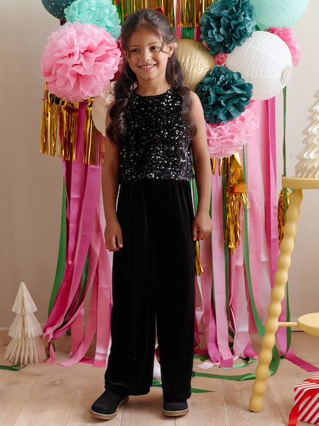 Fluwelen jumpsuit met pailletten voor meisjes zwart - vertbaudet enfant 