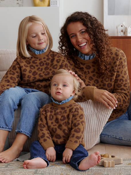 Trui voor meisjes capsulecollectie familie Luipaard kraag in chambray bruin - vertbaudet enfant 