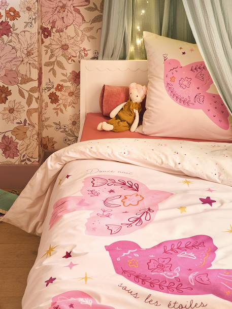 Bedovertrek + omkeerbare kussensloop voor kinderen BIRDY, met gerecycled katoen roze (poederkleur) - vertbaudet enfant 
