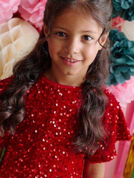 Meisjesjurk in fluweel / velours en pailletten rood - vertbaudet enfant 