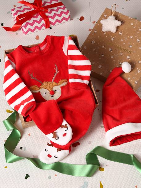 Kerstcadeauset voor baby met fluwelen pyjamapakje + mutsje baksteenrood - vertbaudet enfant 