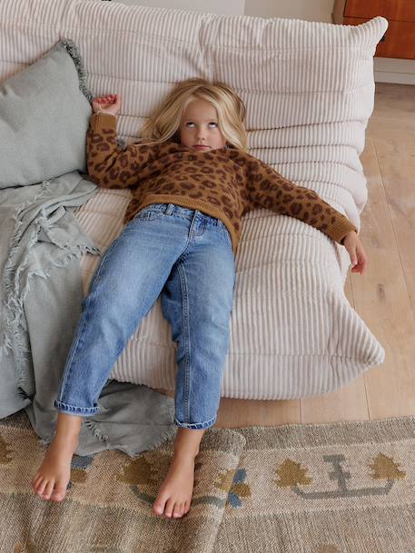 Trui voor meisjes capsulecollectie familie Luipaard kraag in chambray bruin - vertbaudet enfant 