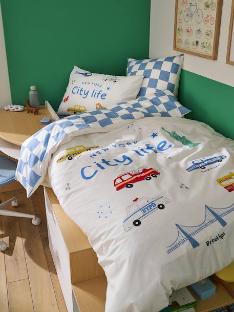 Dekbedovertrekset + kussensloop kind met gerecycled katoen VARSITY blauw, geruit - vertbaudet enfant 