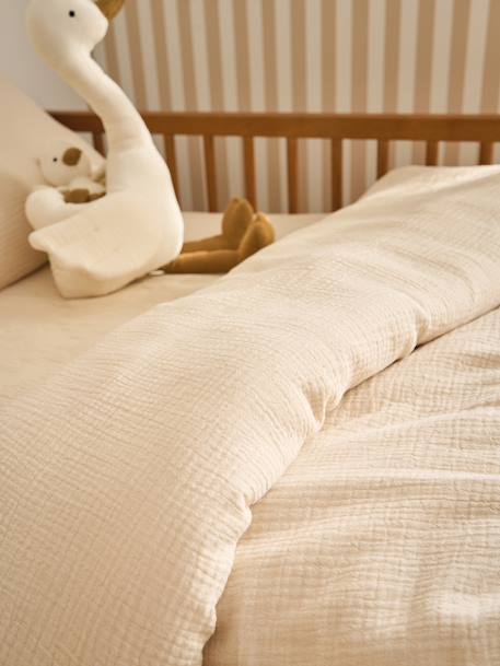 Parure bébé housse de couette + taie d'oreiller unie en gaze de coton Bio* ocre+vanille+vert sauge - vertbaudet enfant 