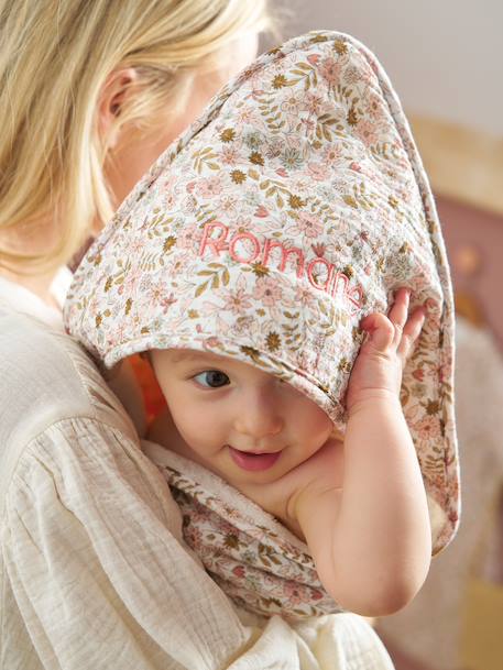 Cape de bain gaze de coton personnalisable + gant de toilette FLORA blanc imprimé - vertbaudet enfant 