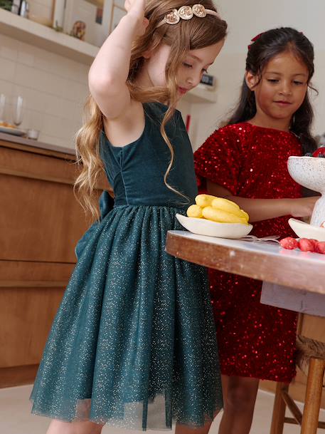 Kerstjurk van fluweel en glanzend tule voor meisjes rood+smaragdgroen - vertbaudet enfant 
