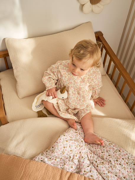 Parure bébé housse de couette + taie d'oreiller unie en gaze de coton Bio* ocre+vanille+vert sauge - vertbaudet enfant 