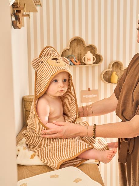 Cape de bain et gant de toilette PETIT OURS, avec coton recylé rayé beige - vertbaudet enfant 