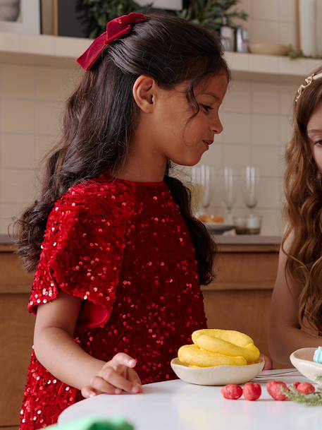 Meisjesjurk in fluweel / velours en pailletten rood - vertbaudet enfant 